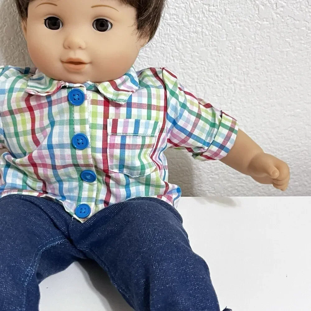 American Girl Bitty Baby Boy Twin Doll Brown Hair Brown Eyes Plaid Shirt 16